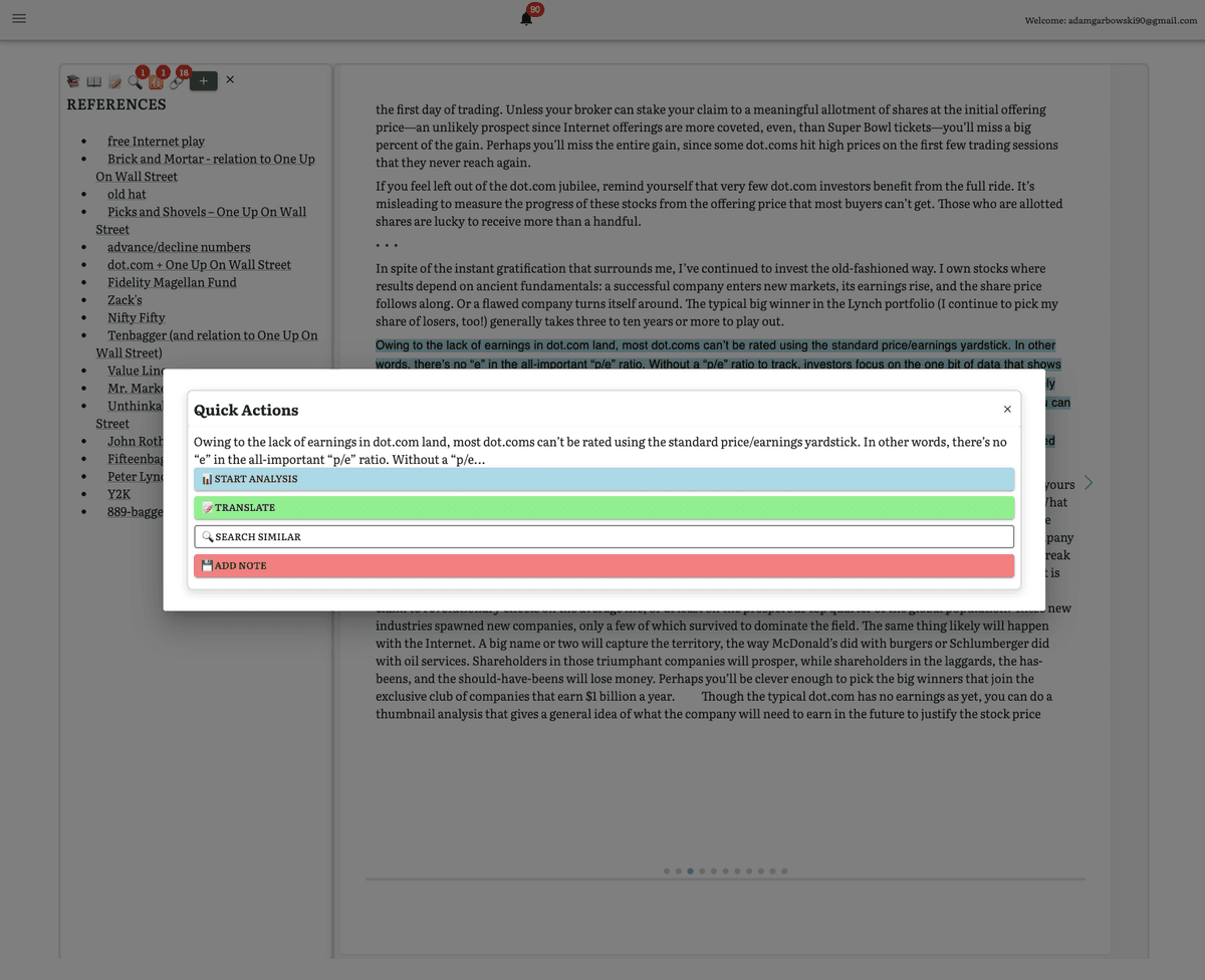 AI Reader App Interface showing Quick Actions modal